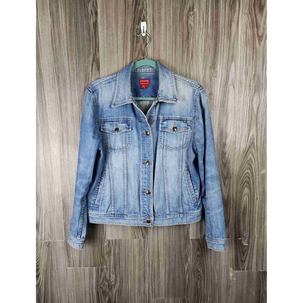 Chaps Denim‎ Womens Light Wash Button Front Trucker Jean Jacket Blue Large L